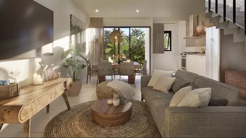 A dining room and stairs in Fabula Tulum