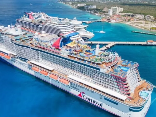 Aerial view of a cruise ship over the sea in Cozumel