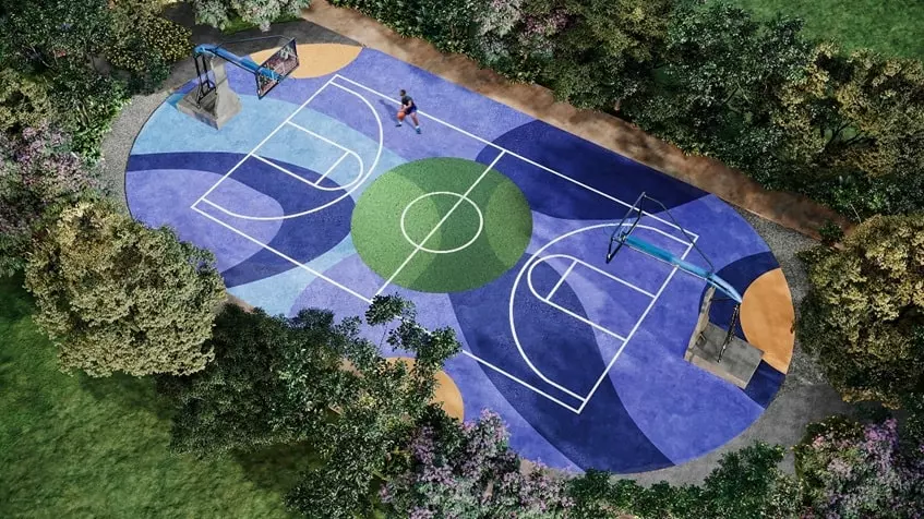 Air view of a basketball court in Tierra Madre