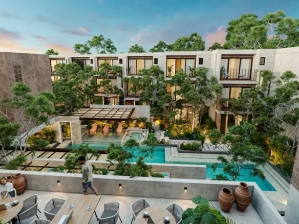 Aerial view of a coworking and a swimming pool in Padma