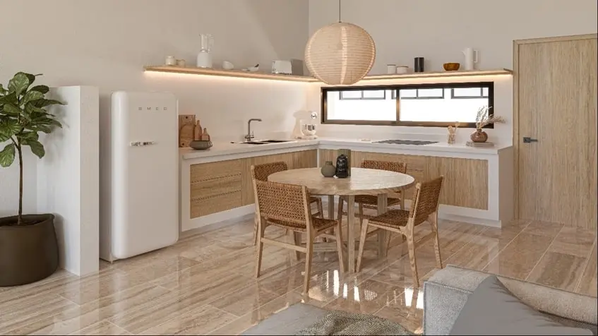 A kitchen and a dining room with 4 chairs in Retrit