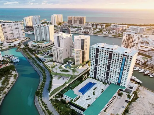 Aerial view of buildings and zones at Vellmari Puerto Cancun Grand Living