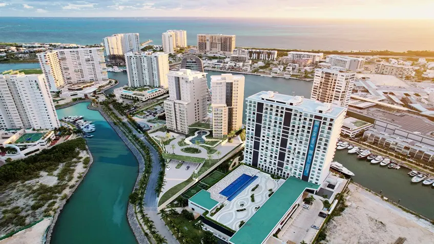 Aerial view of buildings and zones at Vellmari Puerto Cancun Grand Living