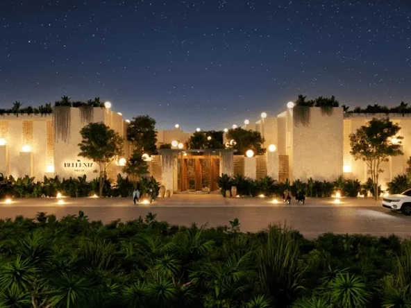 Facade frontal night view Bellenty Villas Tulum