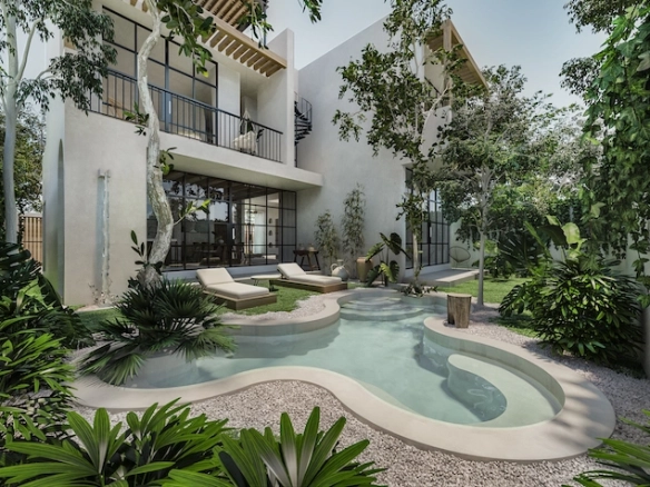 Rear facade with pool of Casa Mahan Tulum