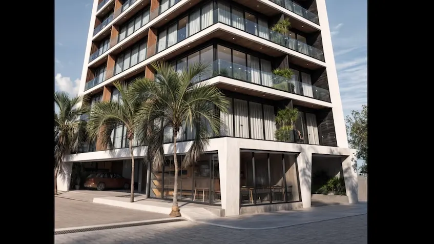 A Building with Palm Trees in Macondo Punta Esmeralda Playa del Carmen