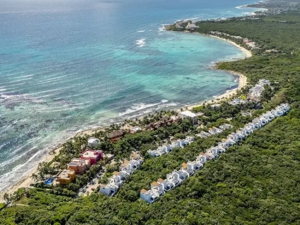 Aerial view beachfront community Tao Ocean Akumal