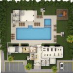 Plano de la casa club con piscina en Real Amalfi