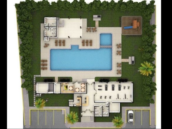 Plano de la casa club con piscina en Real Amalfi