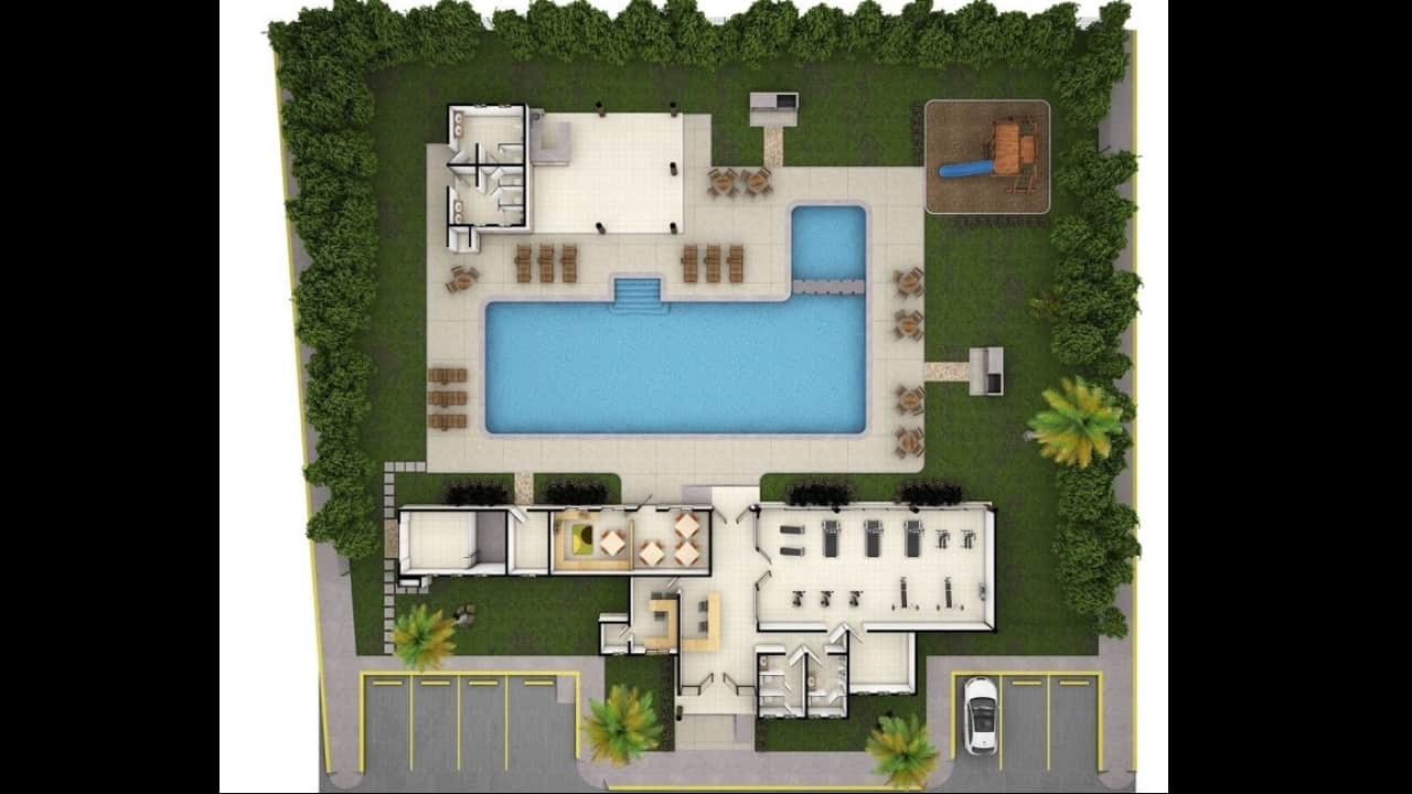 Plano de la casa club con piscina en Real Amalfi