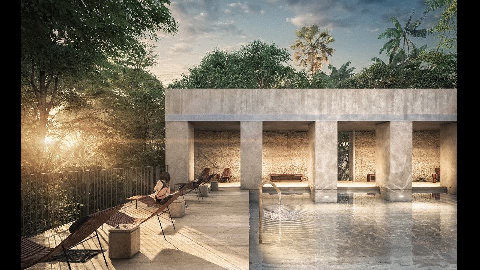 Piscine en béton et solarium dans les appartements Kohl