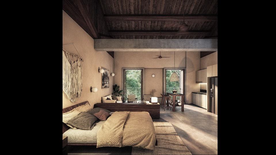 Appartement brun avec canapé et chambre à coucher à Koh Apartments