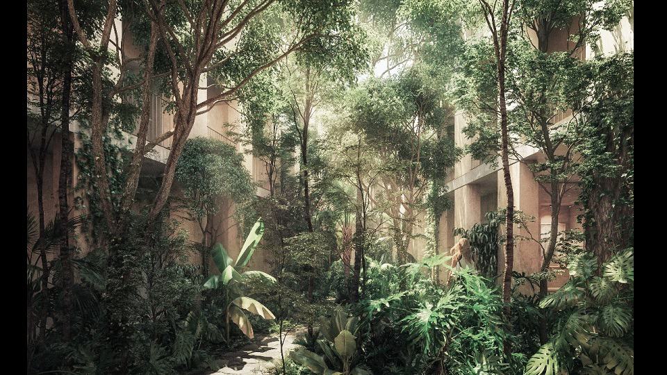Jardin entre deux immeubles résidentiels dans les appartements Kohl