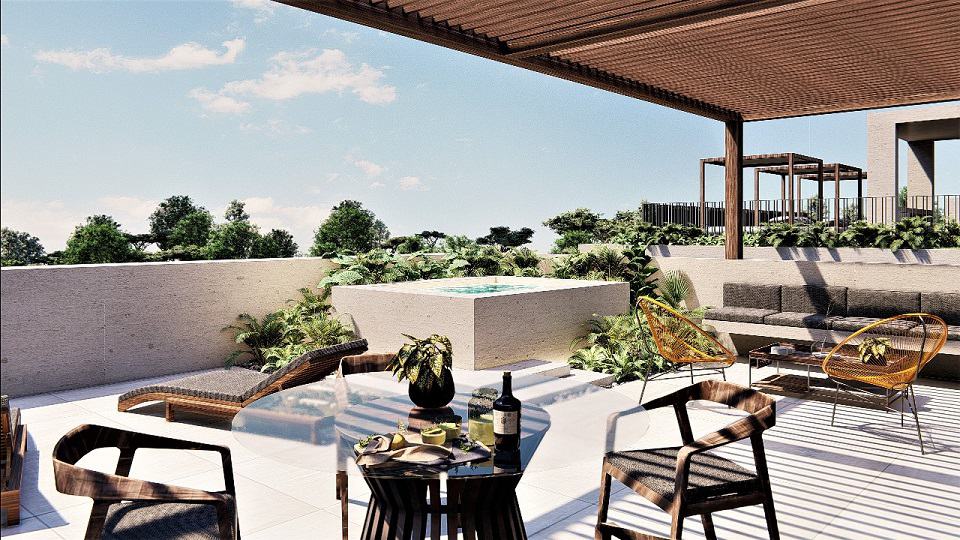 Terraza del penthouse con piscina y dos pequeñas mesas y sillas en Kaab at the Park