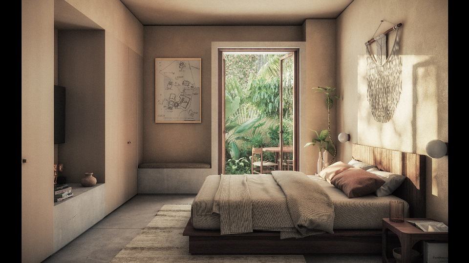 Chambre et terrasse avec table dans les appartements Koh