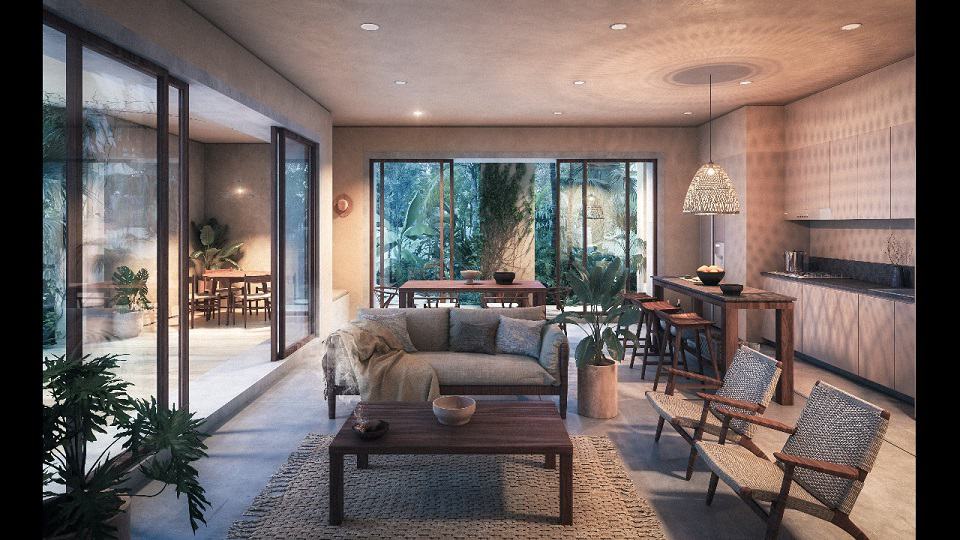 Salon avec deux fenêtres et grande terrasse dans les appartements Koh