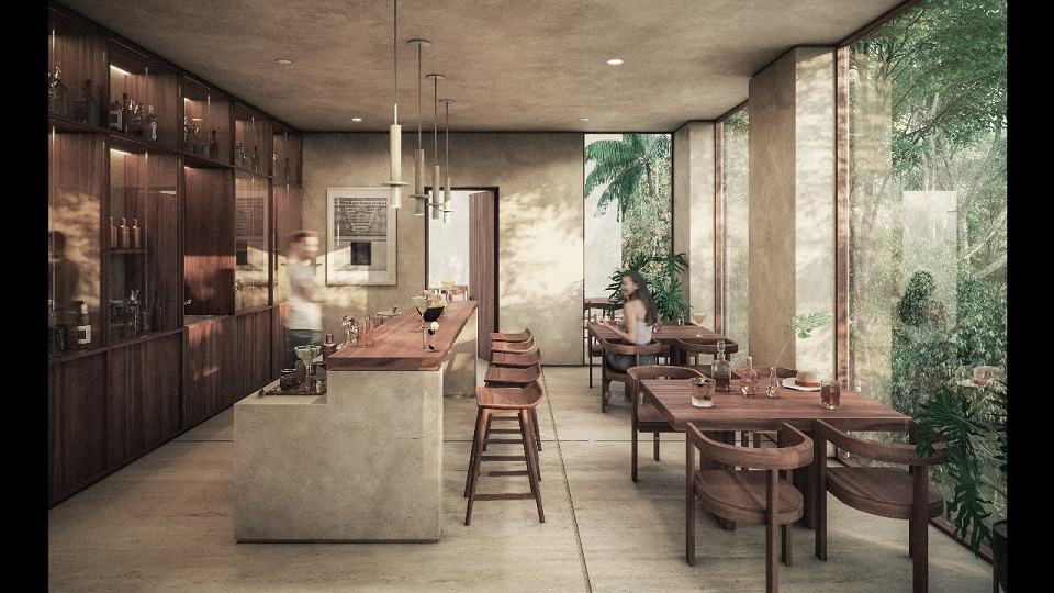Bar de restaurant et femme agitant la main à Koh Apartments