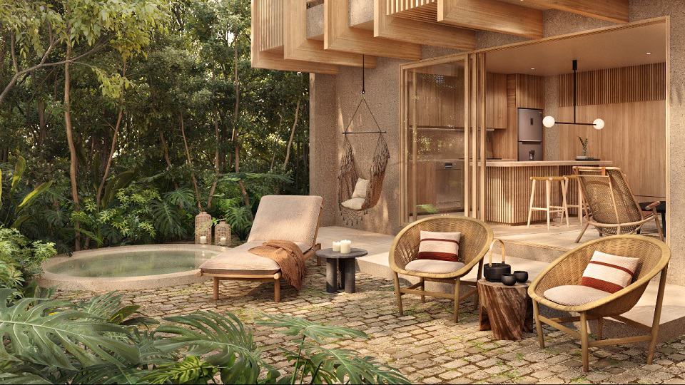 Terraza con jacuzzi y algunos asientos en Aflora Tulum