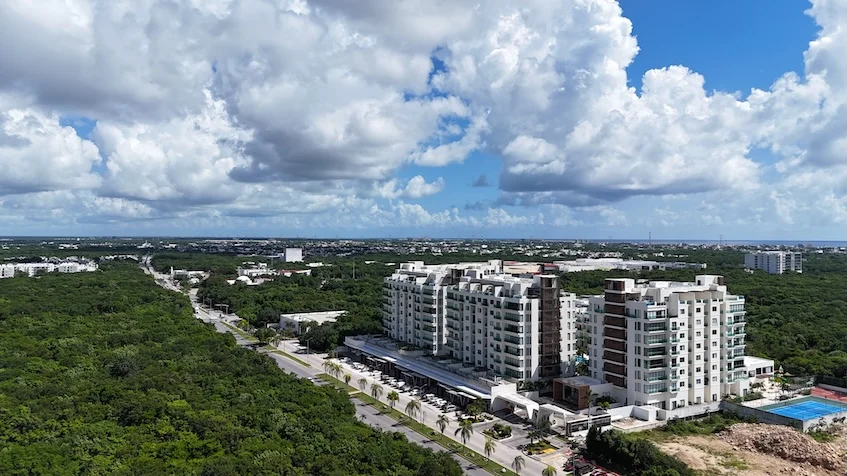 Aerial view of buildings in Valle Aurora, Playa del Carmen