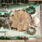 Top view of the flour palapa surrounded by pools at Deja Vu Tulum