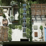 Top view of a rooftop terrace with pool and lounge at Blanko Living