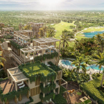 View of the residential condominium with a pool surrounded by a golf course at The Village Residence