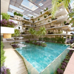 Piscine et immeuble résidentiel avec balcons autour d'Alba Marina