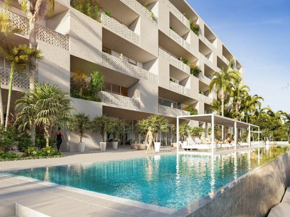 Fachada de edificio residencial con balcones, piscina y pérgola en frente en Alessia Appartamenti