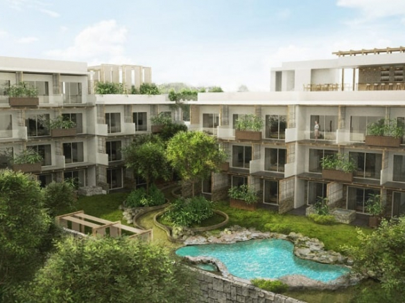 Piscina en el jardín y edificio residencial blanco de cuatro niveles en Erena Mindful Apartments