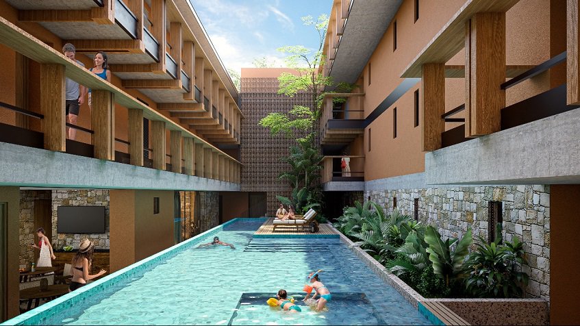 Piscina en la planta baja para adultos y niños en el medio del patio en Kante Apartments hh