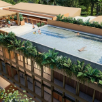 Piscine sur le toit et salon sous la pergola et personnes nageant aux appartements Kante