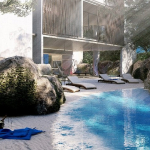 Cénote entouré de rochers et d'une mini plage avec une bouteille de champagne à Iik Tulum