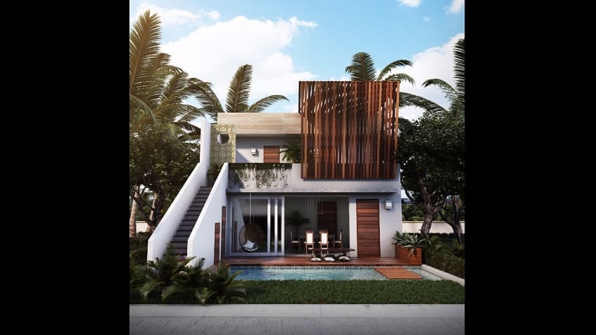 Backyard of the house with pool deck and stairs going up at Asana Leaf Tulum