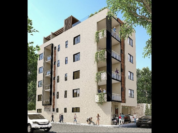 Fachada de edificio residencial y gente caminando en Joshua Condos