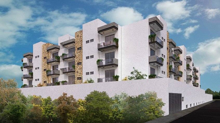 Edificio de condominios blanco con balcones en esquina en Lu'xia Residencial