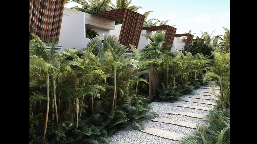 A row of house facades by the tree-lined pedestrian walkway at Asana Leaf Tulum