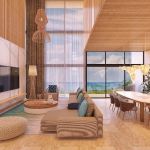 Penthouse sala de estar de doble nivel con ventana enorme en Novara Elevated Living