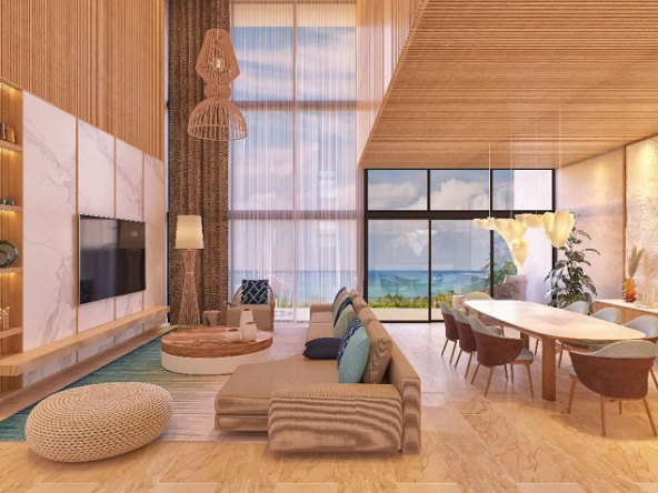Penthouse sala de estar de doble nivel con ventana enorme en Novara Elevated Living
