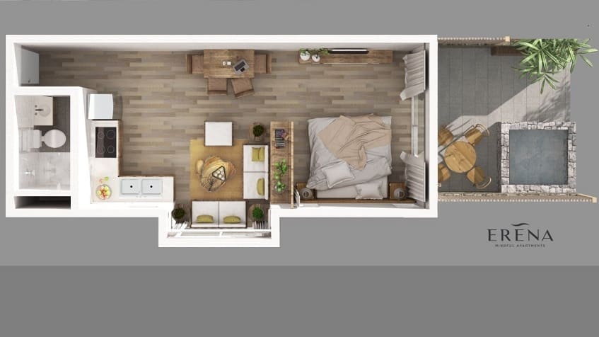 Plano de planta del condominio con terraza, piscina y sala de estar con sofá en esquina en Erena Mindful Apartments