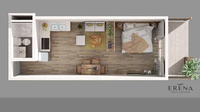 Plano de planta del condominio con terraza en Erena Mindful Apartments