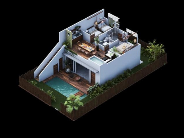 Plano de planta de nivel superior con terraza y jacuzzi y un dormitorio en Asana Leaf Tulum