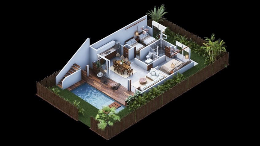Low level floor plan with pool on the terrace and two bedrooms in Asana Leaf Tulum