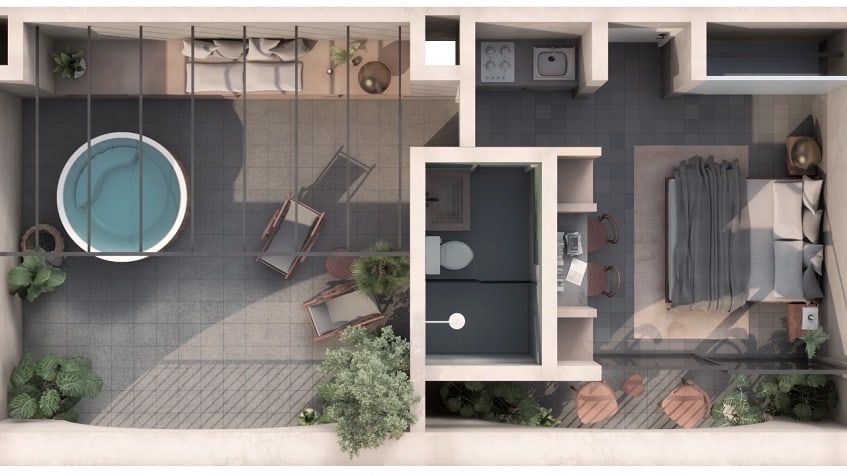 Plano de planta del condominio con terraza y piscina en Yaxche Apartments