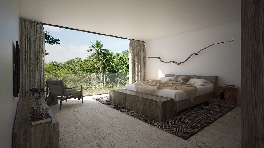 Dormitorio grande con cama king size y pared de vidrio en Awa Playacar Residences