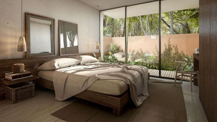Recamara con espejos y terraza en Kante Apartments