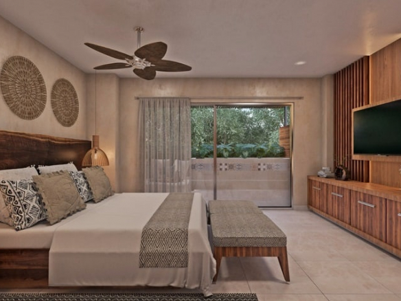 Recamara grande con cama king size frente a la pantalla de televisión en la pared marrón y terraza en Toh Living Playa del Carmen