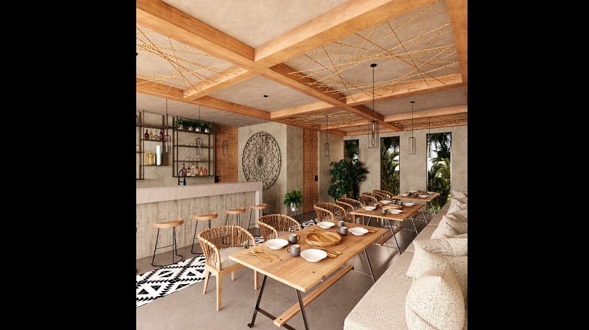 Restaurant with three tables and bar in Irie Tulum Tulum