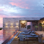 Toit avec piscine à débordement en carrelage rouge à Galia Naturalmente Cozumel