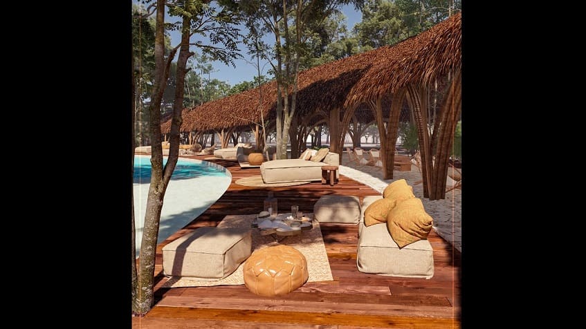 Terraza de madera y palapa junto a la alberca en Mirador Tulum