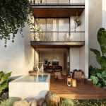 Terrasse privée au rez-de-chaussée avec piscine côté jardin et balcons à Uxul Tulum par Anah